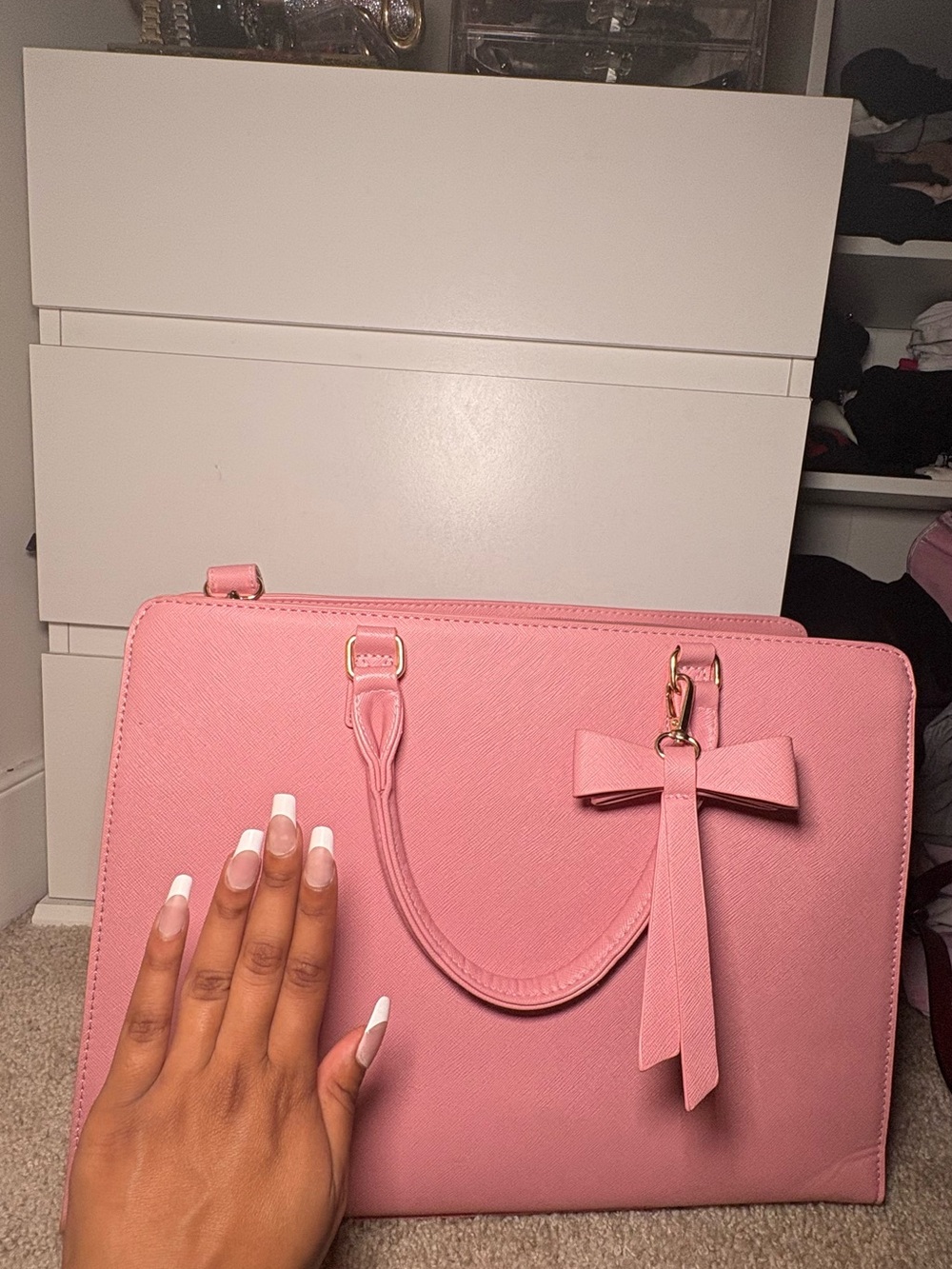 Pink Bow Accent Structured Tote Bag